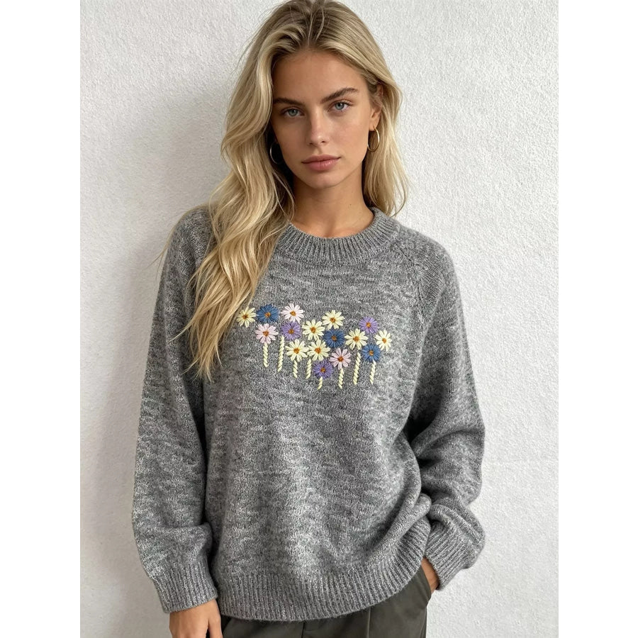 Floral Embroidered Round Neck Sweater Apparel and Accessories