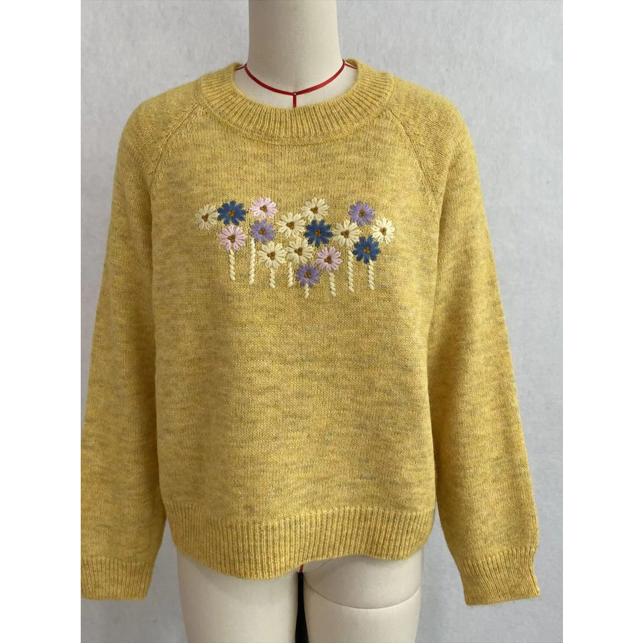 Floral Embroidered Round Neck Sweater Apparel and Accessories