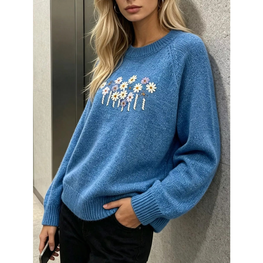 Floral Embroidered Round Neck Sweater Apparel and Accessories