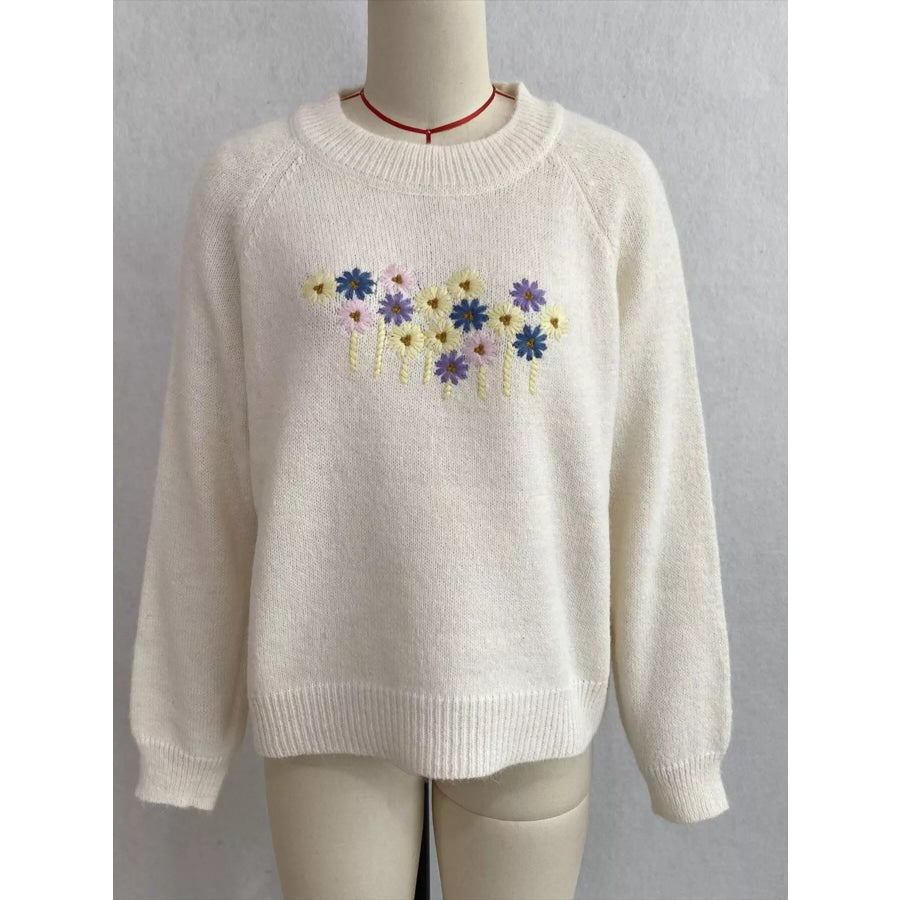 Floral Embroidered Round Neck Sweater Apparel and Accessories
