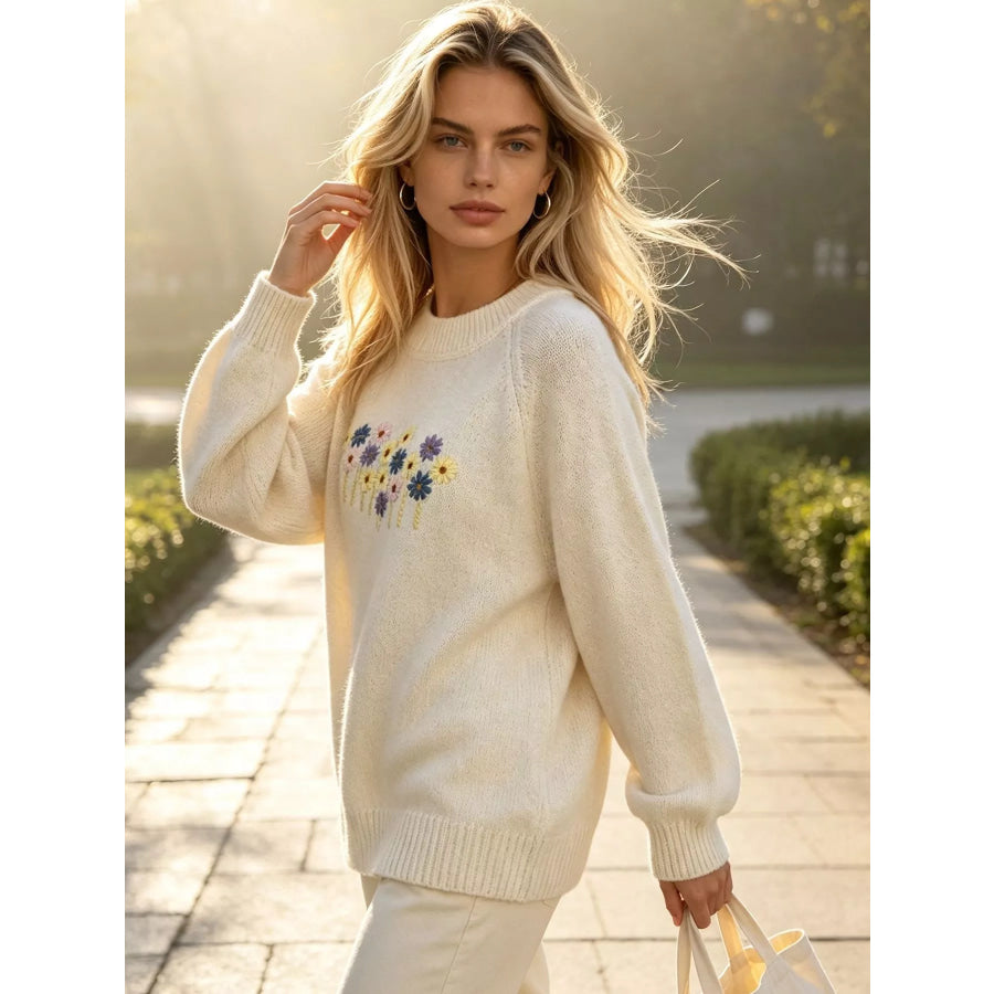 Floral Embroidered Round Neck Sweater Apparel and Accessories