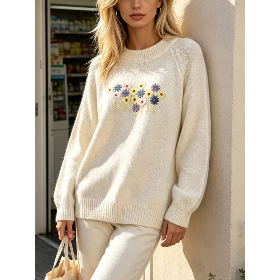 Floral Embroidered Round Neck Sweater Apparel and Accessories