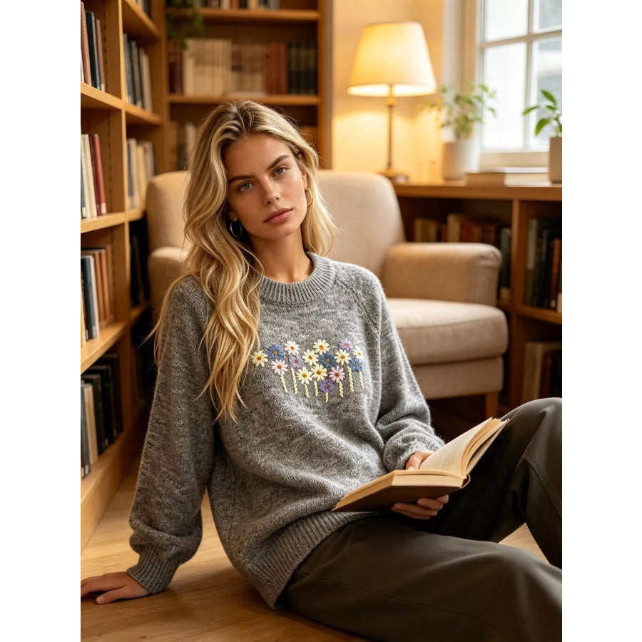Floral Embroidered Round Neck Sweater Apparel and Accessories