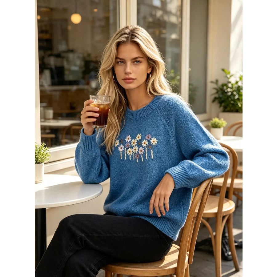 Floral Embroidered Round Neck Sweater Apparel and Accessories