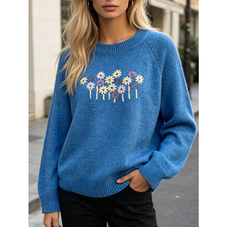 Floral Embroidered Round Neck Sweater Blue / One Size Apparel and Accessories