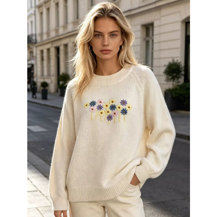 Floral Embroidered Round Neck Sweater White / One Size Apparel and Accessories