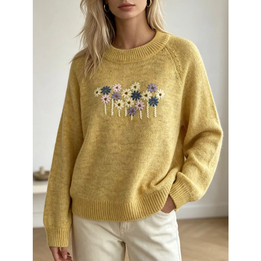 Floral Embroidered Round Neck Sweater Yellow / One Size Apparel and Accessories
