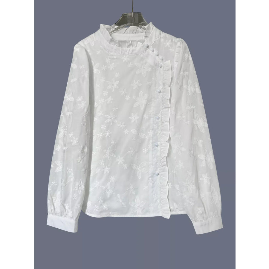Floral Embroidered Ruffle Trim Blouse Apparel and Accessories