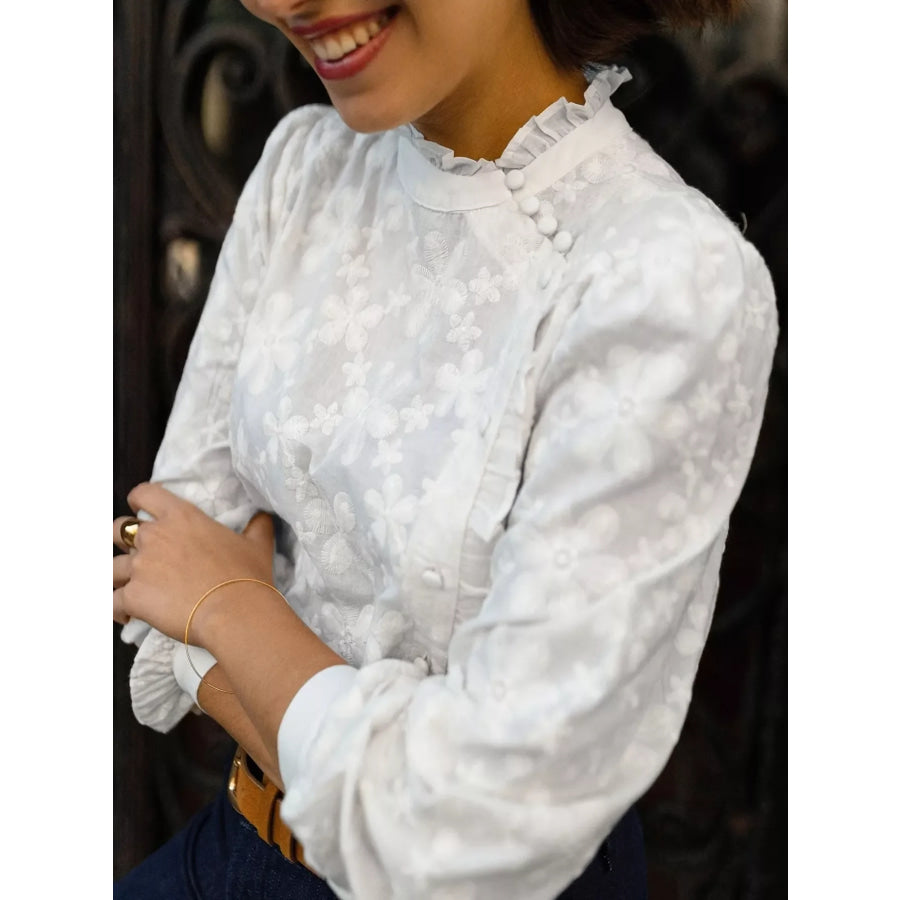Floral Embroidered Ruffle Trim Blouse Apparel and Accessories