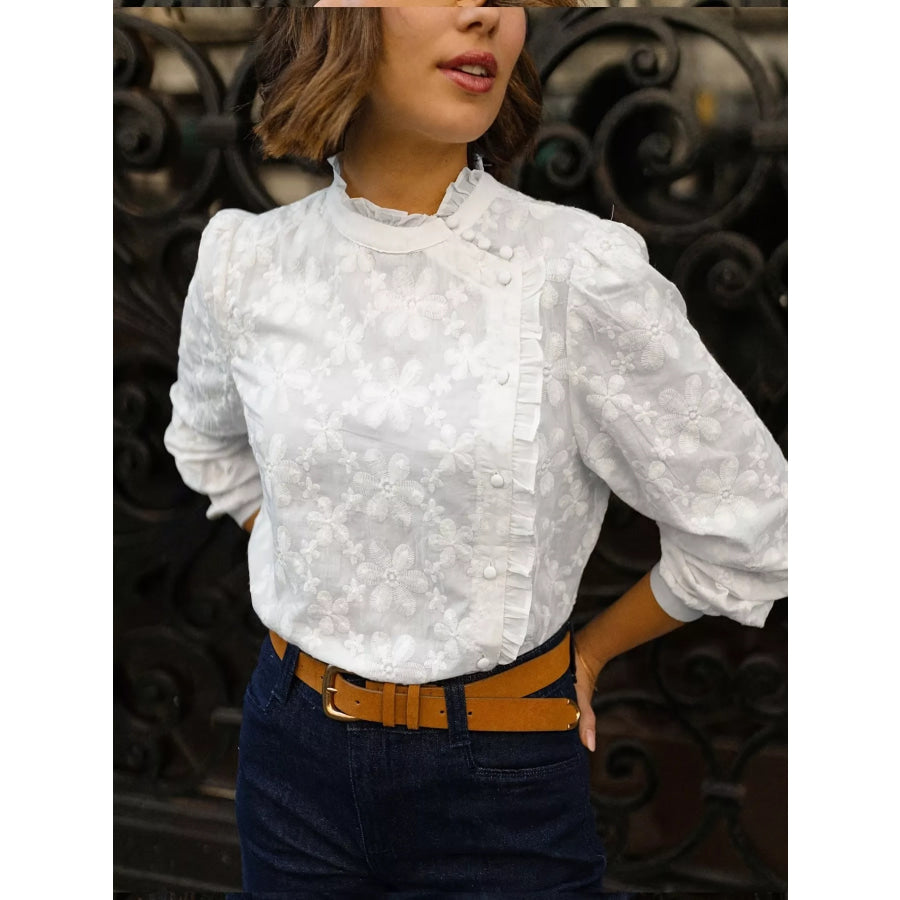 Floral Embroidered Ruffle Trim Blouse Apparel and Accessories