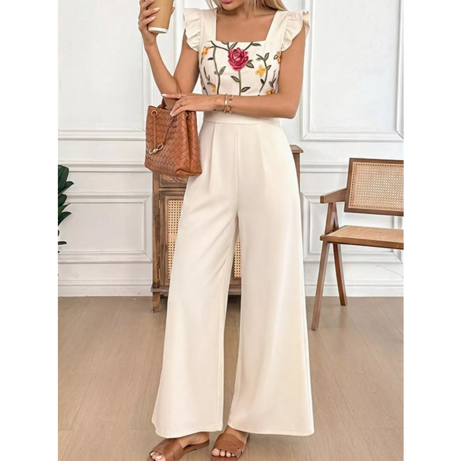 Floral Embroidered Ruffle Trim Jumpsuit Apparel and Accessories