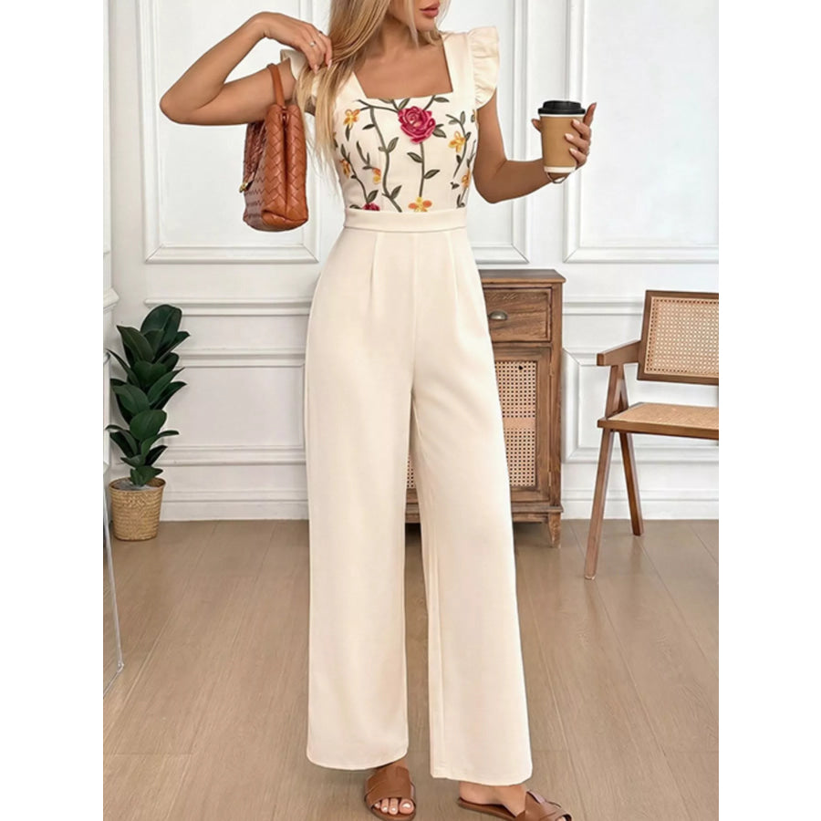 Floral Embroidered Ruffle Trim Jumpsuit Apparel and Accessories