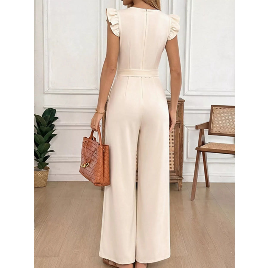 Floral Embroidered Ruffle Trim Jumpsuit Apparel and Accessories