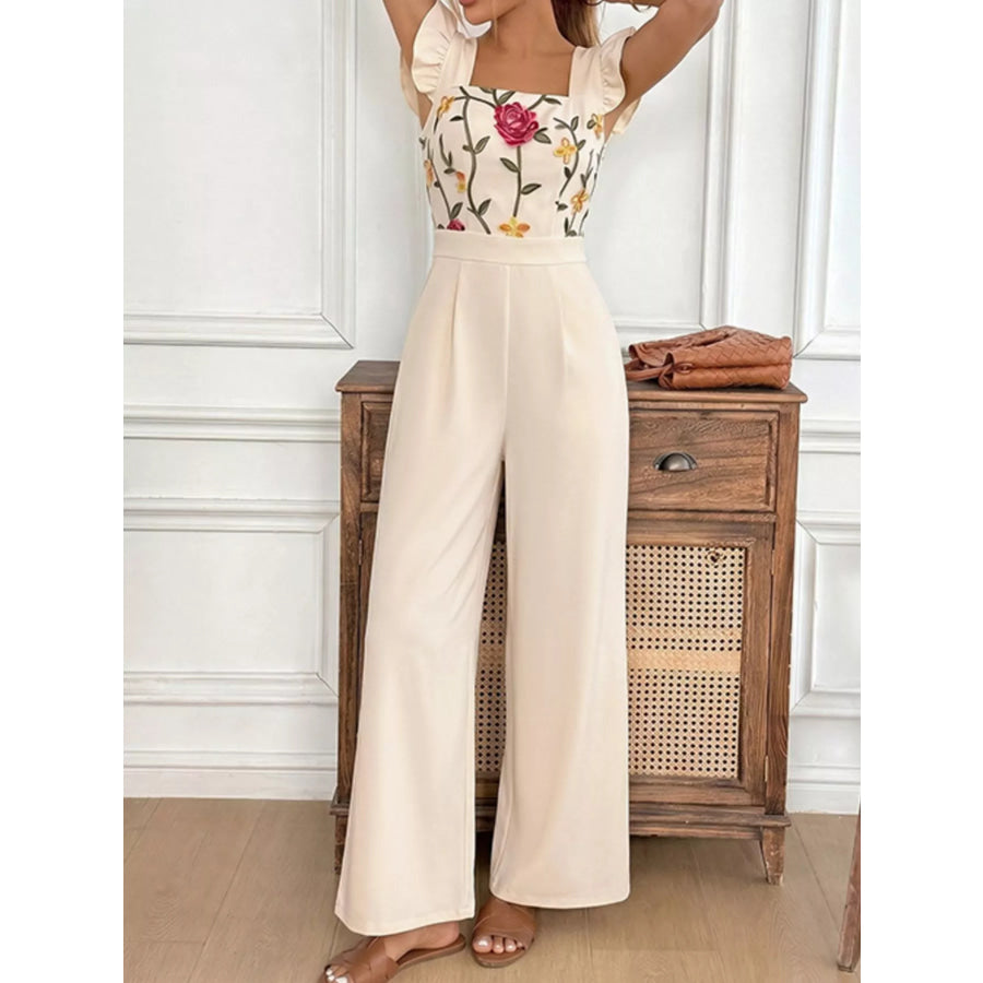 Floral Embroidered Ruffle Trim Jumpsuit Apparel and Accessories