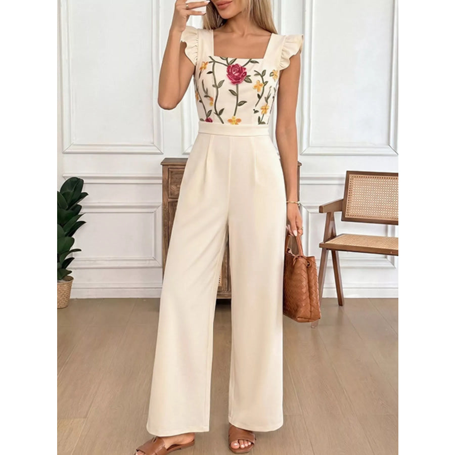Floral Embroidered Ruffle Trim Jumpsuit Apparel and Accessories