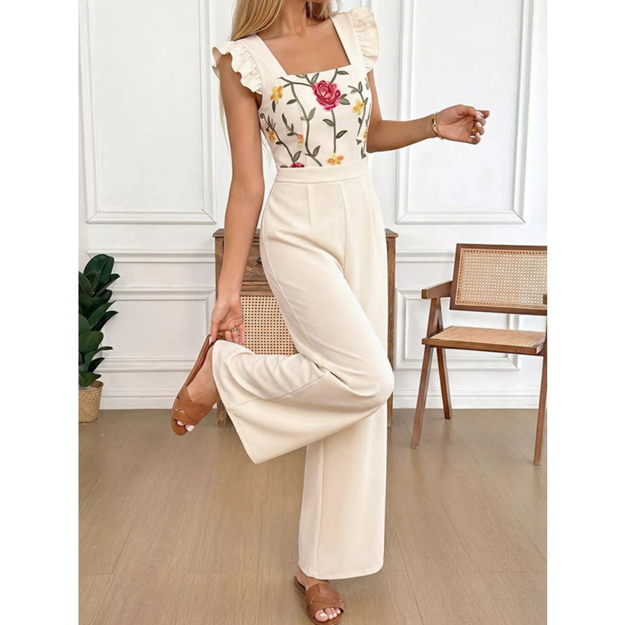 Floral Embroidered Ruffle Trim Jumpsuit Beige / S Apparel and Accessories