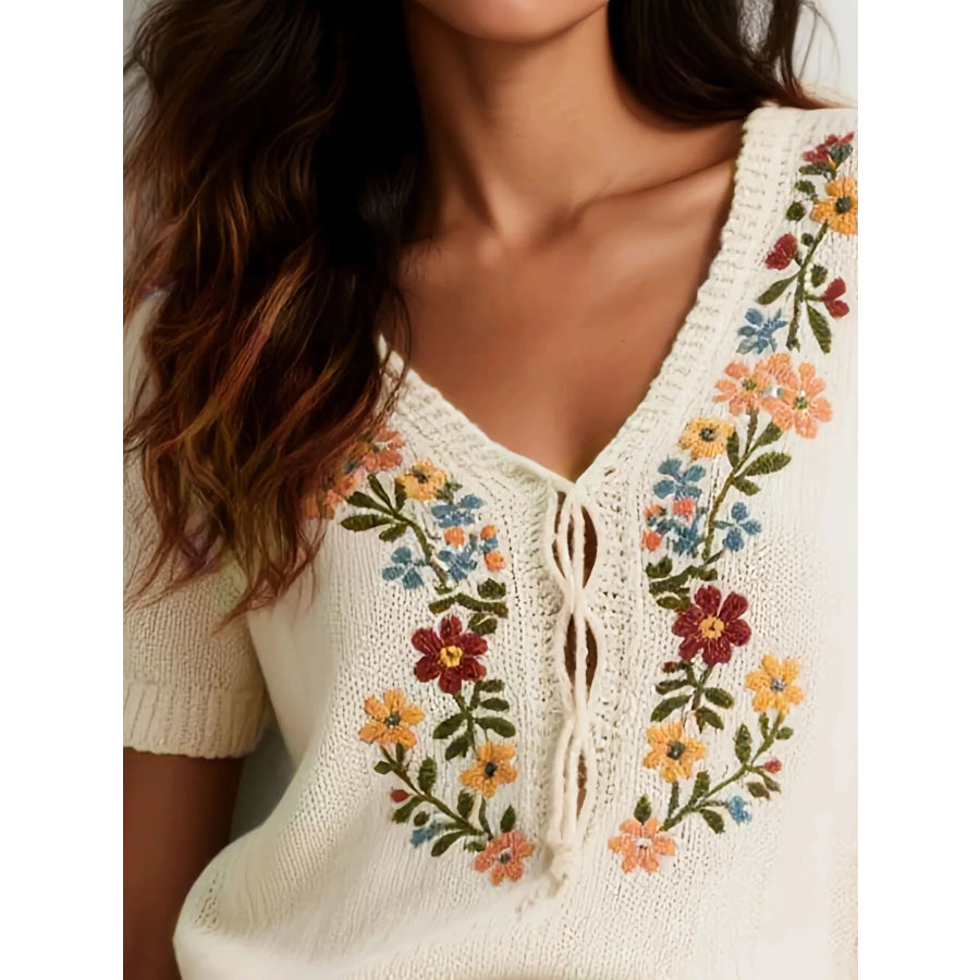 Floral Embroidered Short Sleeve Sweater Apparel and Accessories