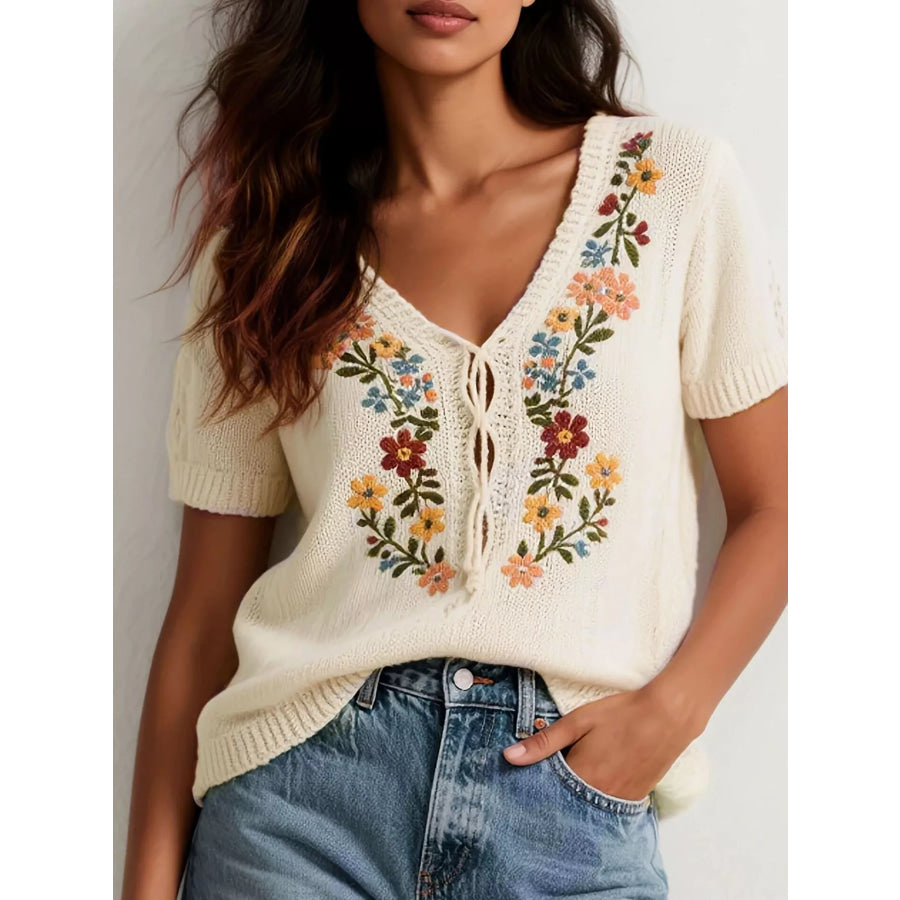 Floral Embroidered Short Sleeve Sweater Beige / S Apparel and Accessories
