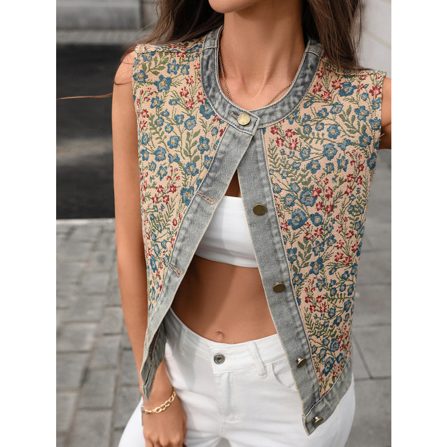 Floral Embroidered Sleeveless Denim Top Apparel and Accessories