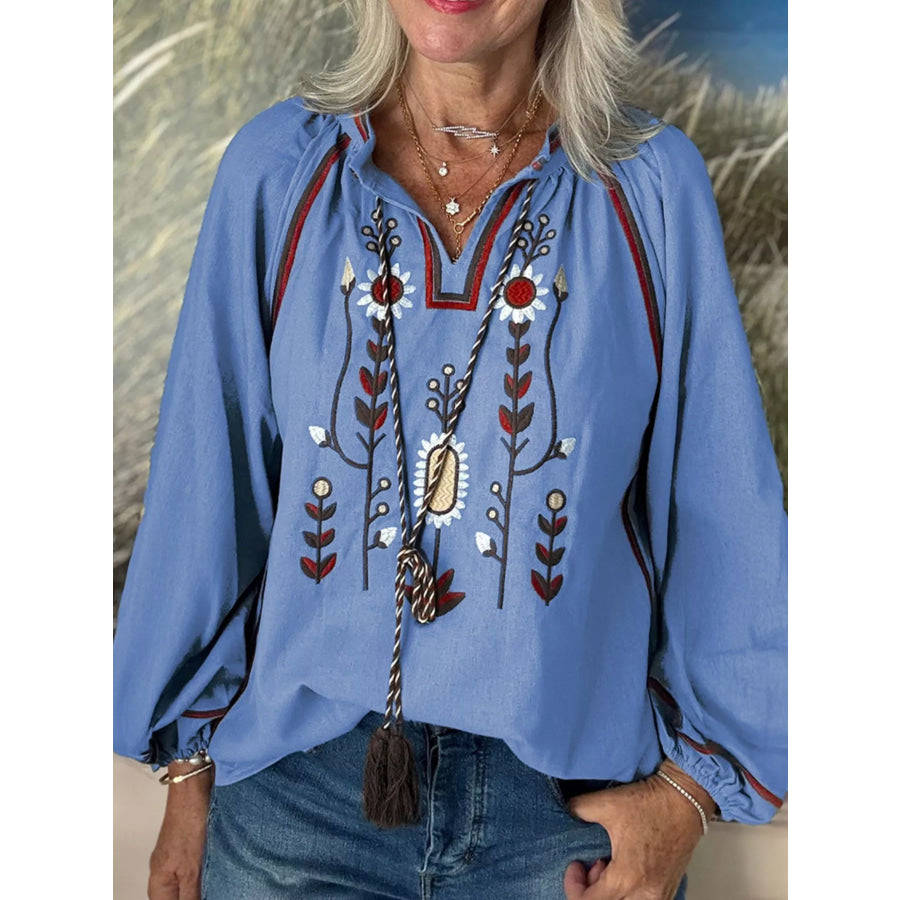 Floral Embroidered Split Neck Tassel Tie Puff Sleeve Blouse Apparel and Accessories