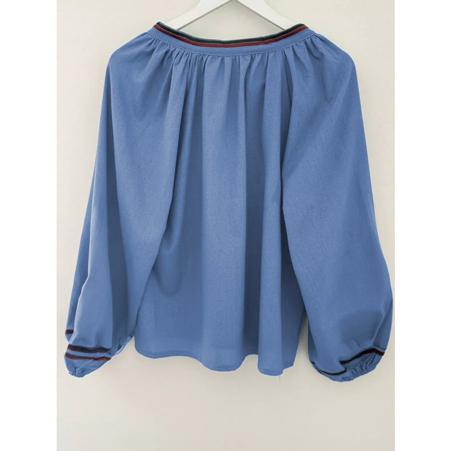 Floral Embroidered Split Neck Tassel Tie Puff Sleeve Blouse Apparel and Accessories