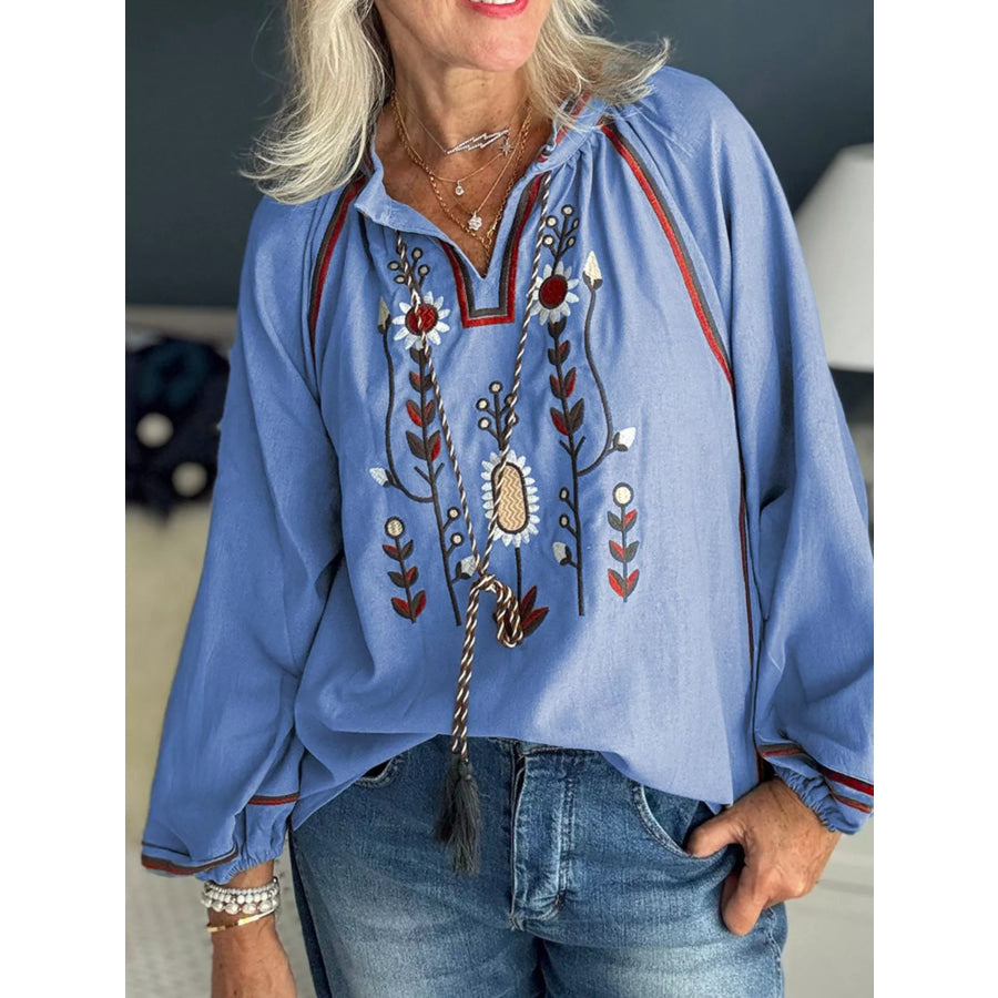 Floral Embroidered Split Neck Tassel Tie Puff Sleeve Blouse Apparel and Accessories