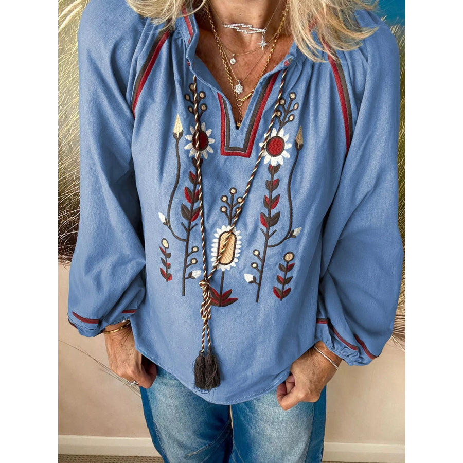 Floral Embroidered Split Neck Tassel Tie Puff Sleeve Blouse Apparel and Accessories