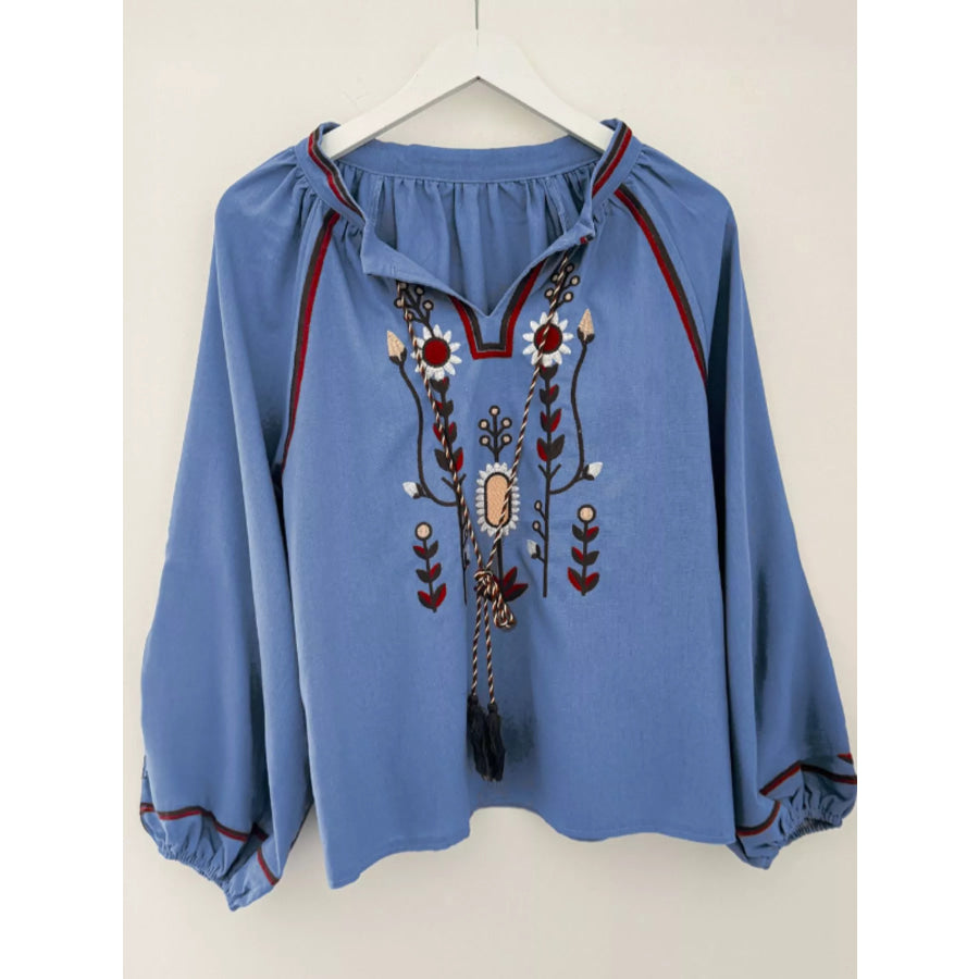 Floral Embroidered Split Neck Tassel Tie Puff Sleeve Blouse Apparel and Accessories
