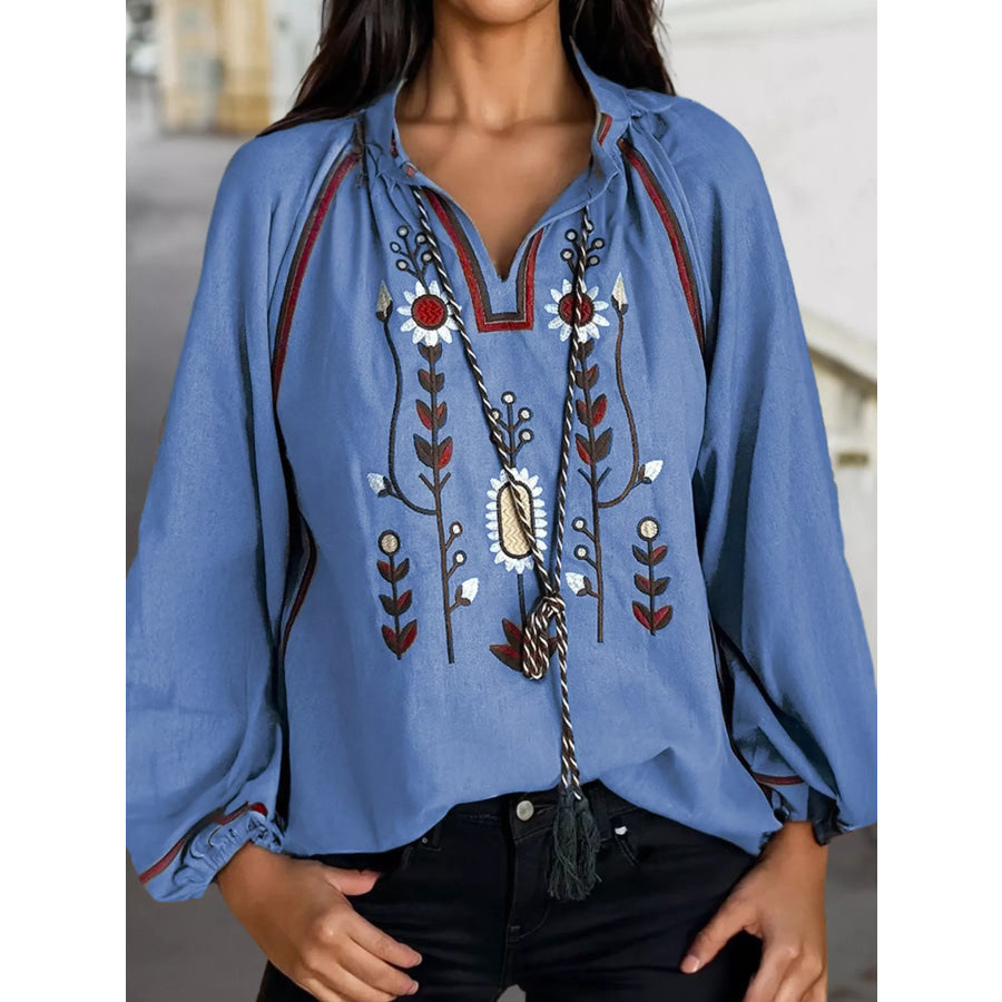 Floral Embroidered Split Neck Tassel Tie Puff Sleeve Blouse Dusty Blue / S Apparel and Accessories