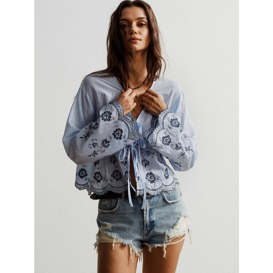Floral Embroidered Tie-Front Blouse Apparel and Accessories