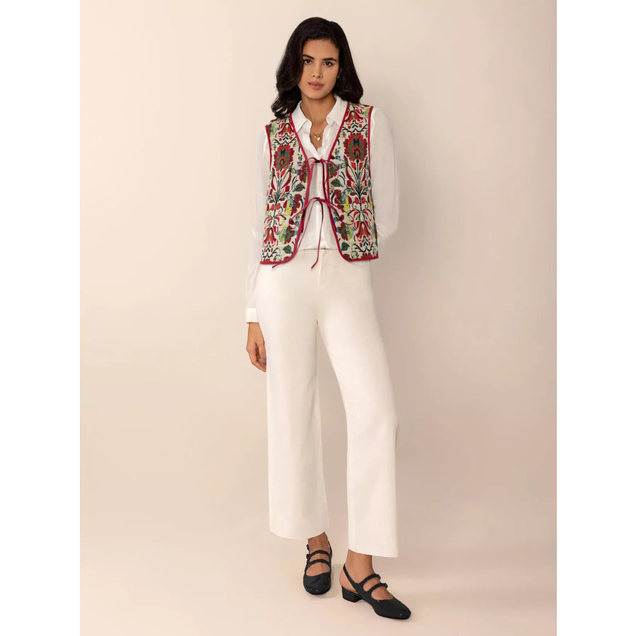Floral Embroidered Tie-Front Vest Coat Apparel and Accessories