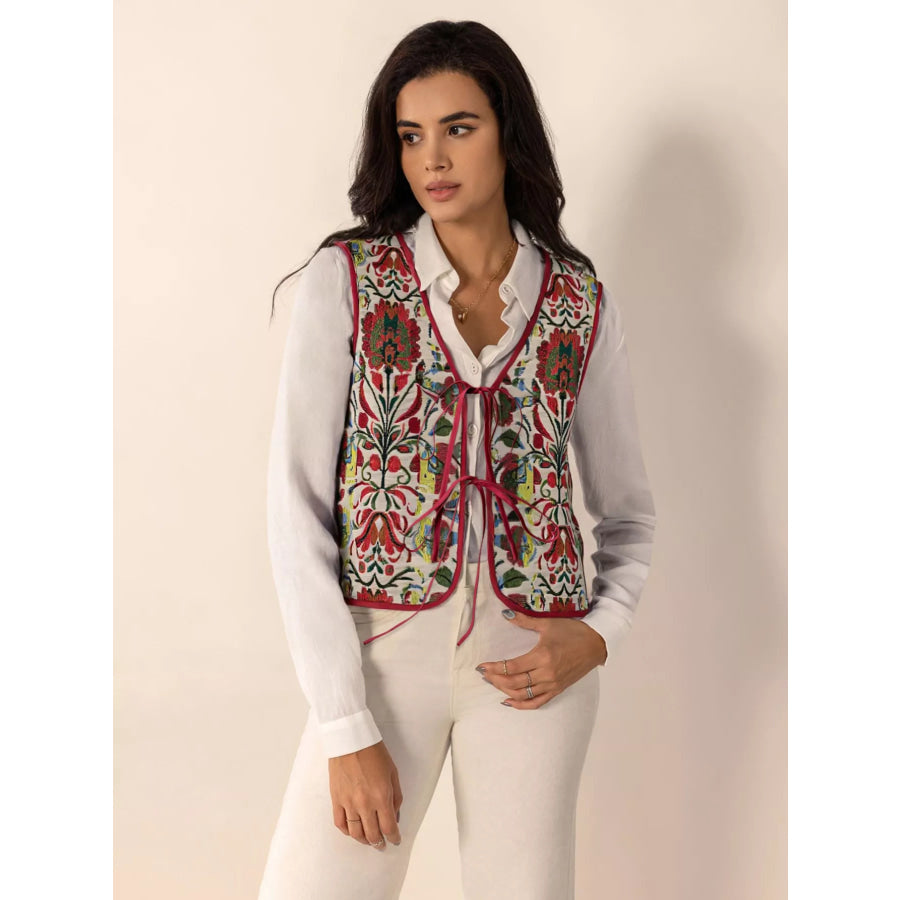 Floral Embroidered Tie-Front Vest Coat Apparel and Accessories