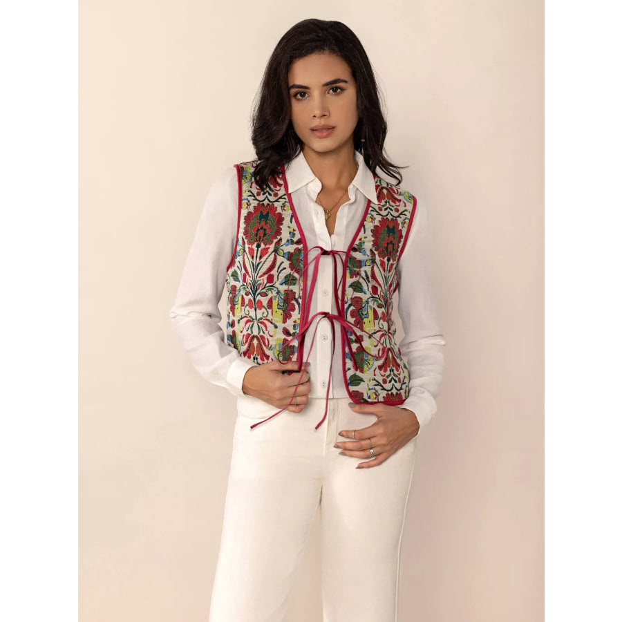Floral Embroidered Tie-Front Vest Coat Apparel and Accessories