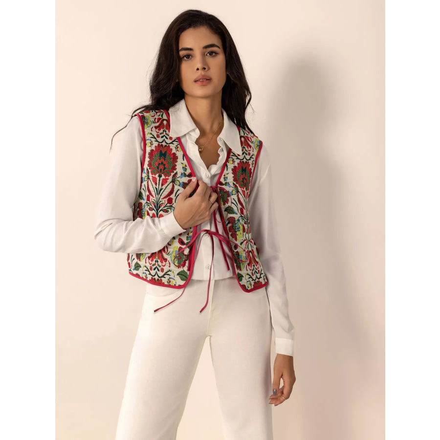 Floral Embroidered Tie-Front Vest Coat Apparel and Accessories