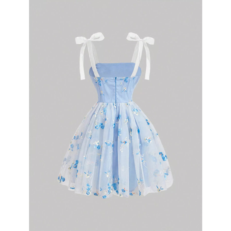 Floral Embroidered Tie Shoulder Dress Apparel and Accessories