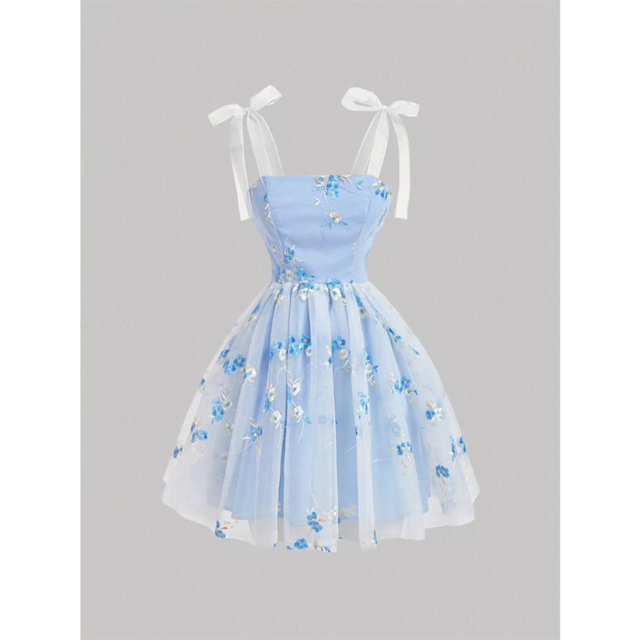 Floral Embroidered Tie Shoulder Dress Blue / S Apparel and Accessories
