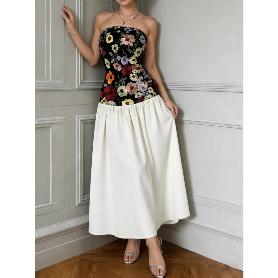 Floral Embroidered Tube Maxi Dress Black / S Apparel and Accessories
