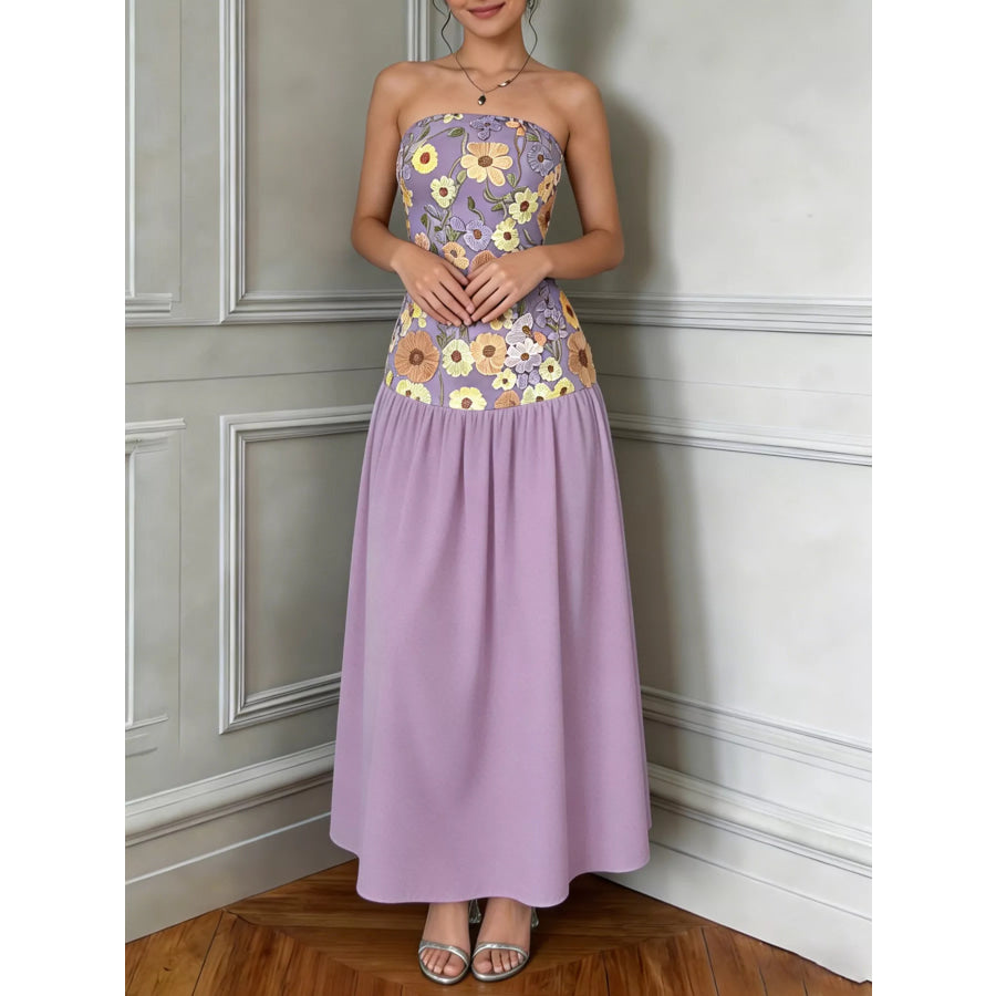 Floral Embroidered Tube Maxi Dress Pink Purple / S Apparel and Accessories