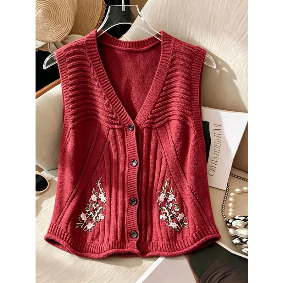 Floral Embroidered V-Neck Button-Down Sweater Vest Apparel and Accessories