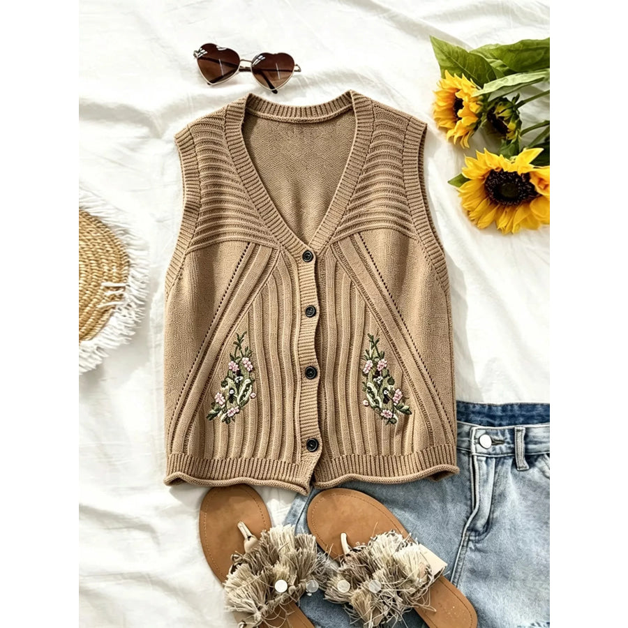 Floral Embroidered V-Neck Button-Down Sweater Vest Apparel and Accessories