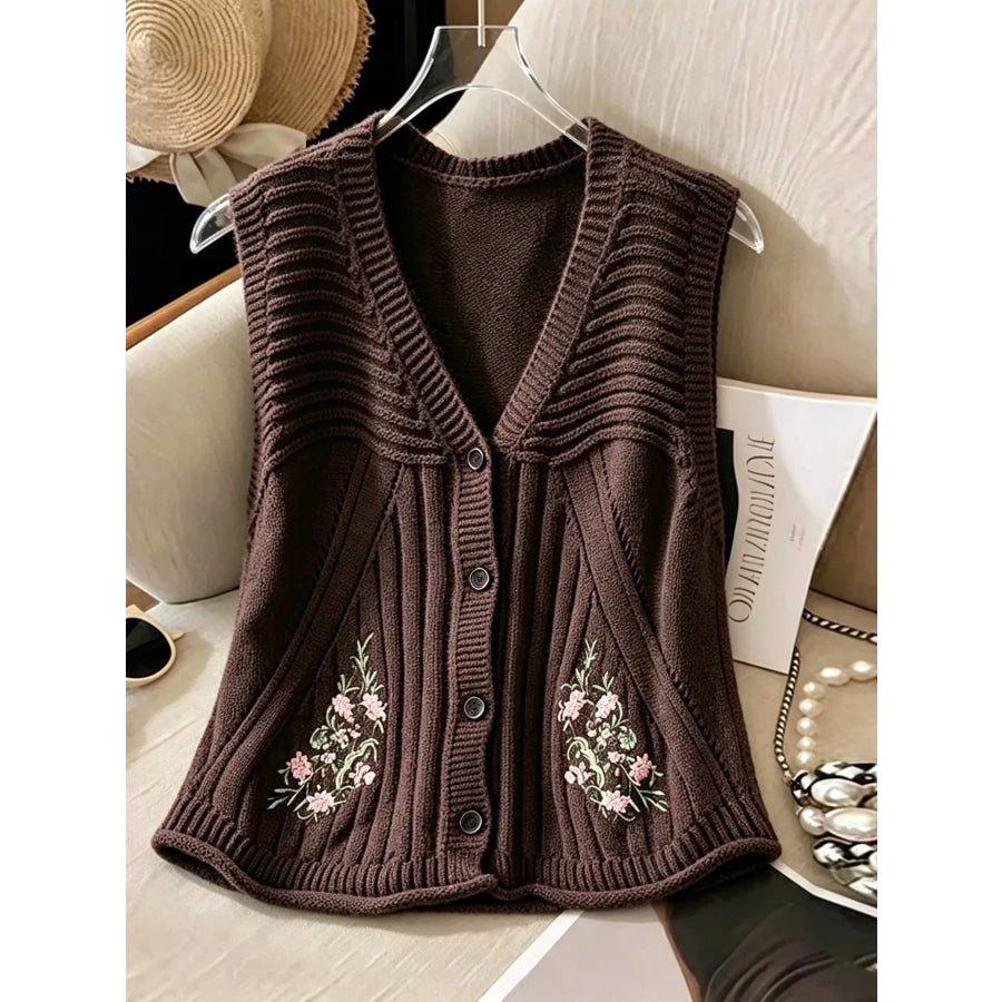 Floral Embroidered V-Neck Button-Down Sweater Vest Dark Brown / One Size Apparel and Accessories
