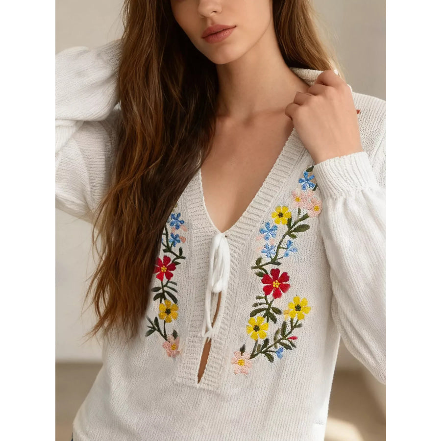 Floral Embroidered V-Neck Sweater Apparel and Accessories