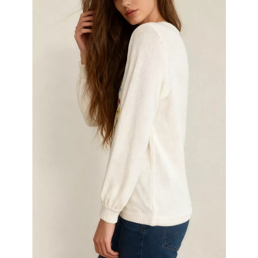 Floral Embroidered V-Neck Sweater Apparel and Accessories