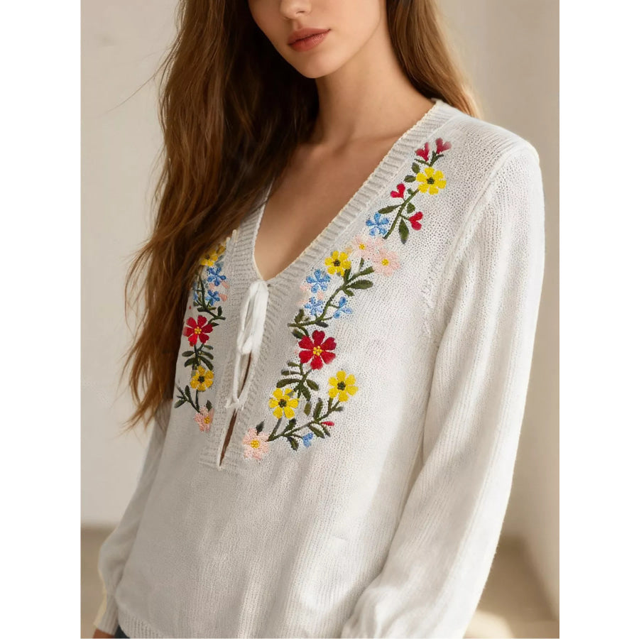 Floral Embroidered V-Neck Sweater Apparel and Accessories