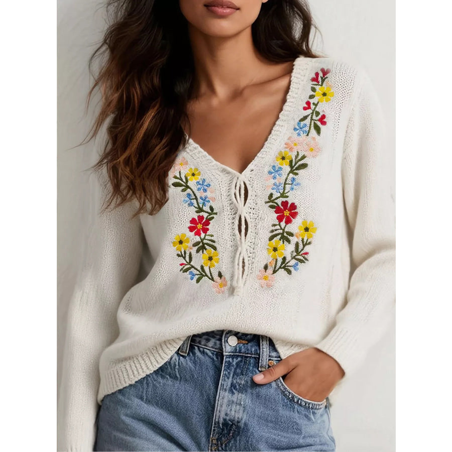 Floral Embroidered V-Neck Sweater Off-white / S Apparel and Accessories