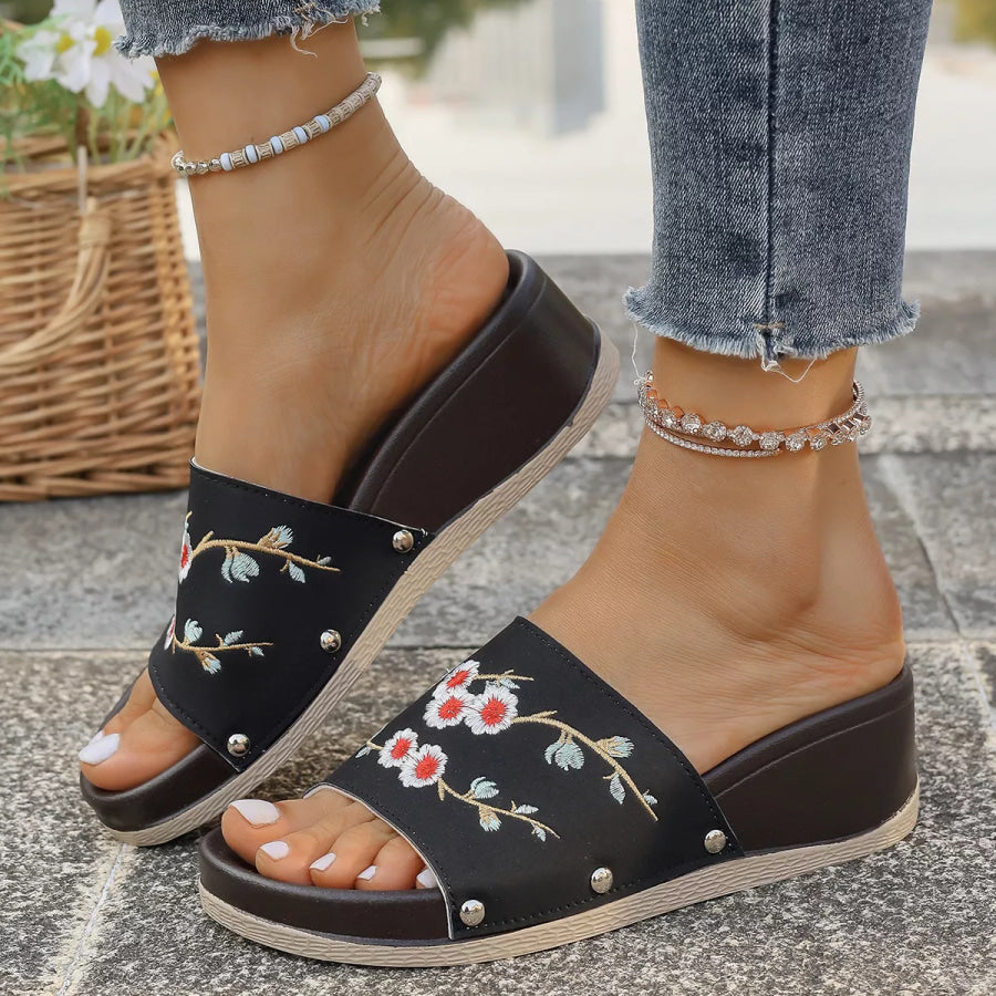 Floral Embroidered Wedge Sandals Apparel and Accessories