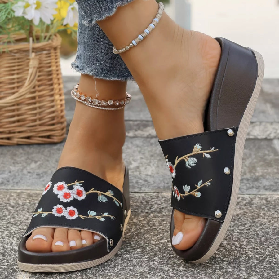 Floral Embroidered Wedge Sandals Black / 36 Apparel and Accessories