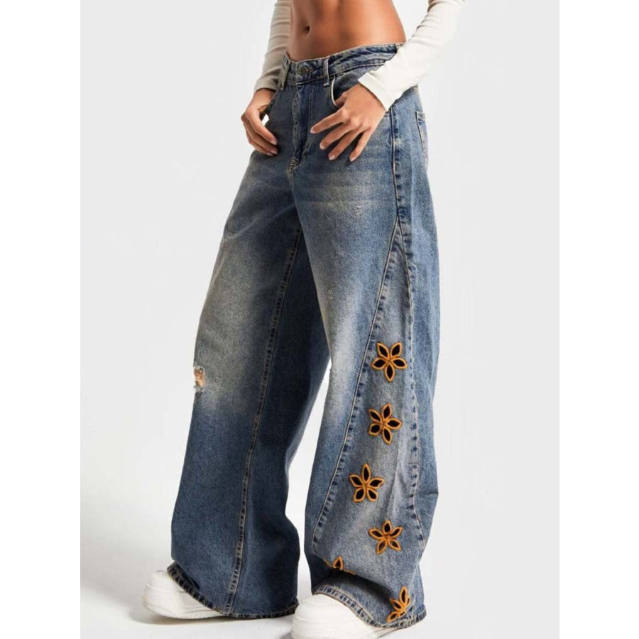 Floral Embroidered Wide Leg Jeans Apparel and Accessories