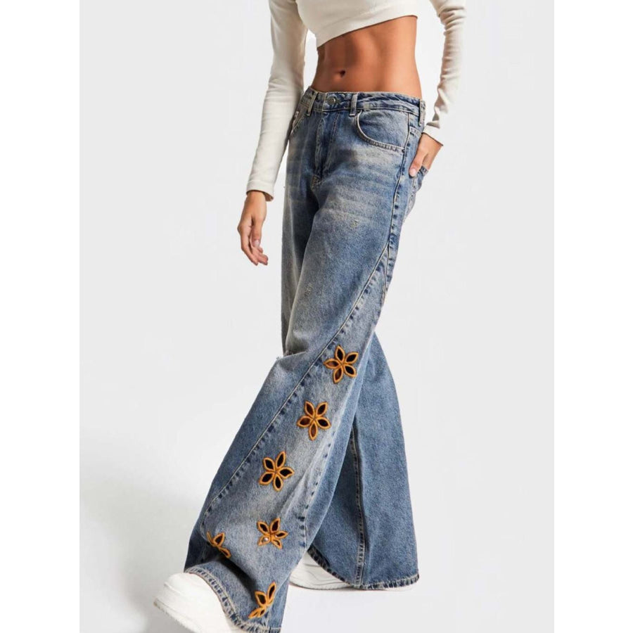 Floral Embroidered Wide Leg Jeans Apparel and Accessories