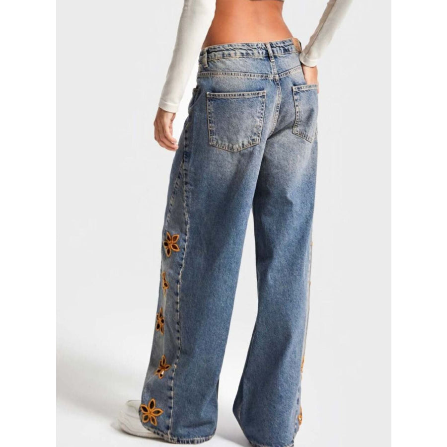 Floral Embroidered Wide Leg Jeans Apparel and Accessories